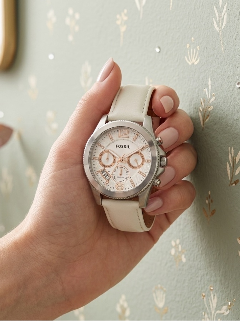 Fossil Silver Case Watch with Cream Leather Strap and Rose Gold Accents